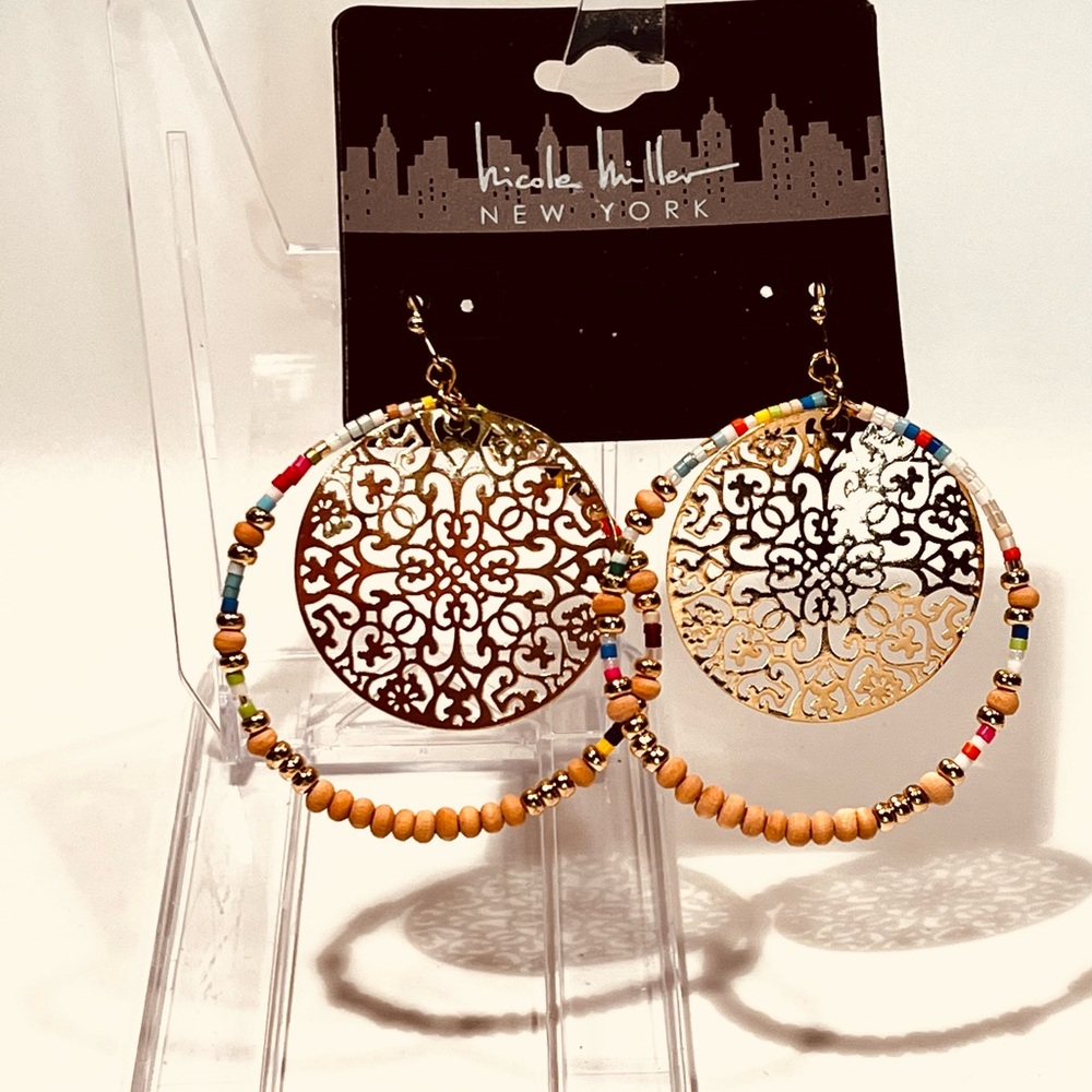 Designer Gold with Multicolor Beaded Hoop Earrings - Picture 2 of 14
